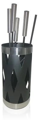 Produktbild von Relaxdays Kaminbesteck, 5-tlg. Set, Schürhaken, Ascheschaufel, Besen, Zange & Ständer, Ofengarnitur, schwarz/silber