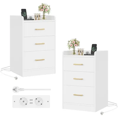 Produktbild von Nachttisch mit Ladestation - Nachttisch 2er-Set - 3 Schubladen - 2 Steckdosen - 2 USB-Anschlüsse - Weiß