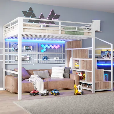 A modern loft bed setup in a child's or teenager's room, featuring a bed, sofa, storage, and gaming-themed decor.