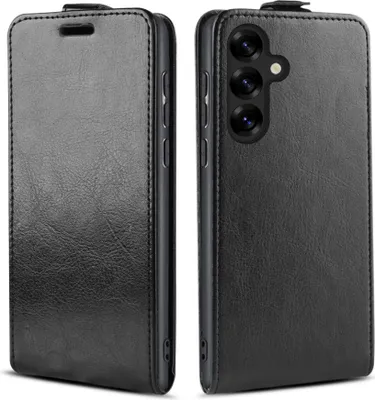 A black leather flip case for a smartphone is shown from two angles.