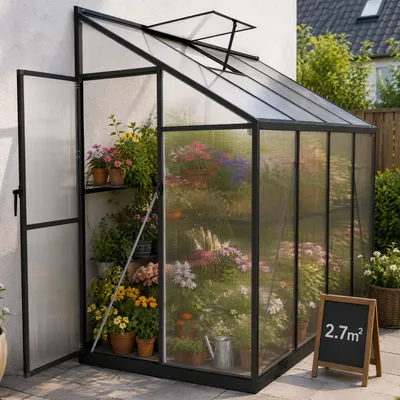 Obrázek produktu pro Skleník UISEBRT, přilehlý ke zdi, rozměry 245x110x195 cm, zahradní skleník s hliníkovým rámem, nastavitelným střešním oknem, vhodný pro pěstování rostlin, plocha 2,70 m²