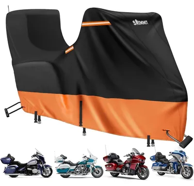 Productafbeelding van Motorfietsbeschermhoes voor buiten, waterdicht, met zij- en bovenopbergvak, 420D Oxford, 300x111x142 cm, zwart-oranje