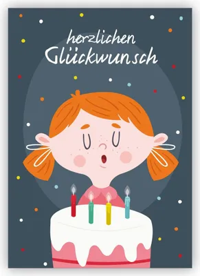 Produktbild von 4x Niedliche Geburtstagskarte mit kleinem Mädchen, daß die Kerzen auf dem Geburtstagskuchen ausbläst:herzlichen Glückwunsch