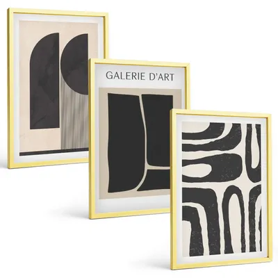 Produktbild von Bilder Set 3-teilig im Goldrahmen Rahmen – Wandbilder 3 Stück – gerahmte Poster für Wohnzimmer, Schlafzimmer und Flur – 40x60 cm – Abstrakte minimalistische Poster