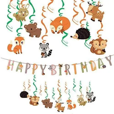 Productafbeelding van Verjaardagsdecoratieset: dierenfolie spiralen, guirlande, kinderverjaardag, jungle decoratie, 16 stuks