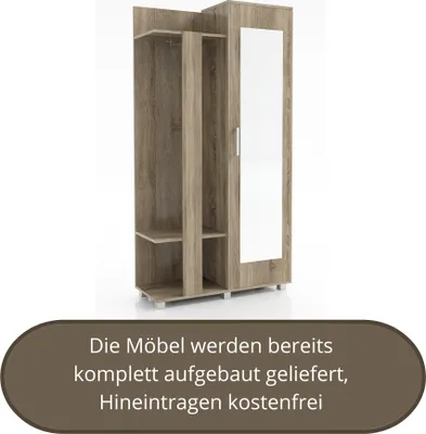 Produktbild von Garderobenset KARO, Garderobenpaneel, Kompaktgarderobe, Flurmöbel, mit Spiegel, Farbe: Trüfel Eiche, Seite: rechts