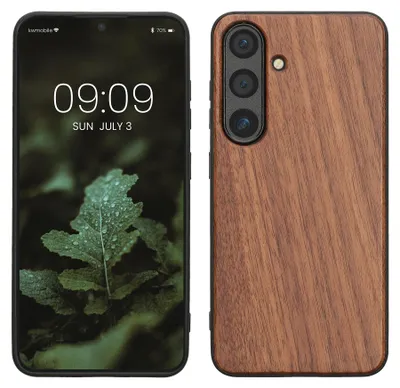 Produktbild von kwmobile Handyhülle für Samsung Galaxy S25 Hülle Holz - Case mit TPU Bumper - Stoßfestes Hardcase - Schutzhülle Cover in Dunkelbraun