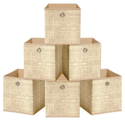 Image de Boîtes de rangement pliables, lot de 6 boîtes à vêtements, beiges avec poignée métallique, peu encombrantes, 30 x 30 x 30 cm, tissu non tissé, capacité