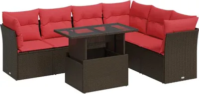 Image de vidaXL Ensemble de salon de jardin 7 pièces avec coussins Marron Poly rotin Acacia