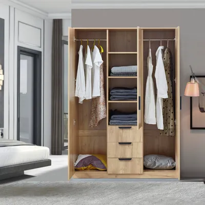 A bedroom scene with a wardrobe and a bed.