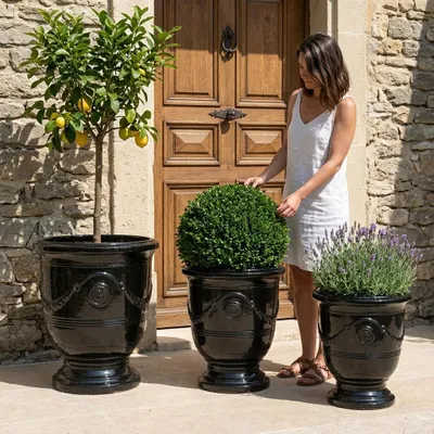 Produktbild von Provencelia Keramik Pflanzkübel Richelieu Schwarz, Ø35 x H42 cm, frostbeständig, handgefertigt, glasiert, Outdoor, Garten, Terrasse, winterfest