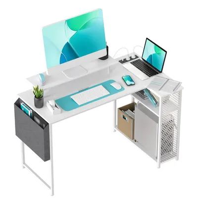 Produktbild von 120x70cm L-förmiger Schreibtisch mit Steckdosen, Gaming Tisch mit 2 Regalen, Computertisch mit Monitorständer, PC-Arbeitsplatz für Homeoffice