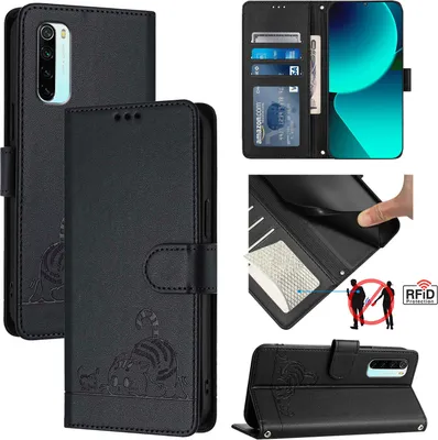 Obrázek produktu pro Kožené pouzdro pro Xiaomi Redmi Note 8, sladká kočka Flip pouzdro s funkcí stojánku a peněženkou černé