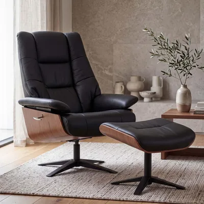 Productafbeelding van MCA Relax fauteuil + hocker HWC-N57, tv-fauteuil, ligfauteuil, hout, echt leer zwart