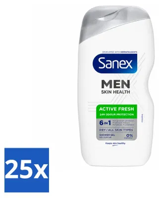 Imagen del producto de 25 unidades de gel de ducha Sanex Men Active Fresh, 6 en 1, de 400 ml. Paquete económico