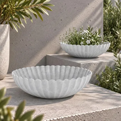 Immagine prodotto di Ciotole per piante rotonde ondulate per esterni grigio marmorizzato 28 cm