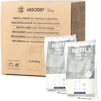 Productafbeelding van Luchtontvochtiger navulverpakking 2 x 600 g, compatibel met AbsoDry, voorkomt geur en bindt vocht, droogmiddelzak met granulaat voor luchtontvochtiger