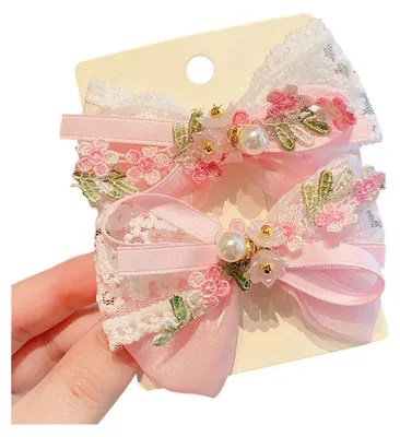 Produktbild von Haarspange für Mädchen, dünne Organza-Spitze, bestickt mit Blumenmuster, verziert mit Imitationsperlen, Haarspange im Frühlingswald-Stil