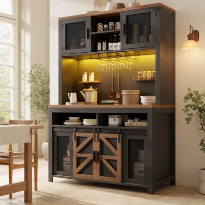 Image de Armoires de cuisine Flieks avec éclairage LED, armoire haute avec prise USB et grand plan de travail, buffets 120 x 40 x 174,5 cm, noir