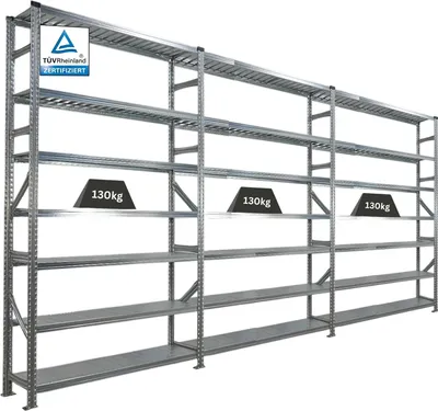 Produktbild von Fachbodenregal PROXIMO mit  Stecksystem | Komplettregal | HxBxT 250x450x32cm | 7 Ebenen | Beidseitig nutzbar | Verzinkt