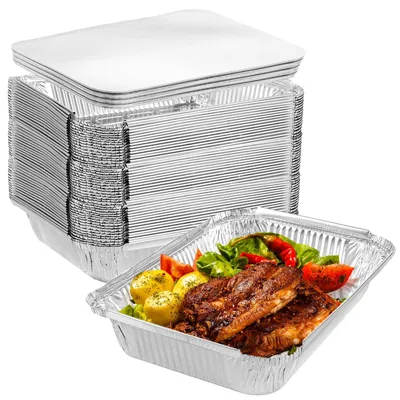 Imagen del producto de Omgoods - 50 recipientes de aluminio para asar a la parrilla con tapa, capacidad de 1150 ml
