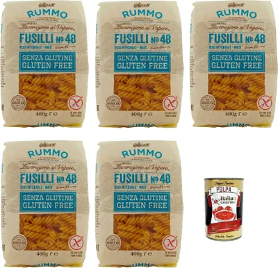 Produktbild von Rummo Pasta Fusilli N° 48 senza Glutine, gluten free, 100% italienische Pasta nudeln glutenfrei 5x 400g + Italian Gourmet polpa 400g