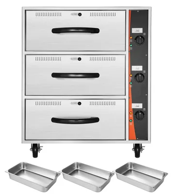 Produktbild von SucceBuy Elektrischer Schubladenwärmer aus Edelstahl mit drei Fächern, einstellbarer Temperaturbereich von 30–85 °C, ideal für Restaurants, Hotelbuffets und Bäckereien