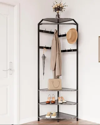 Produktbild von Eckgarderobe mit Schuhregal 3-in-1, 6 Doppelhaken, 4 Ablagen, Grau