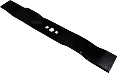 A black lawnmower blade is shown against a white background.