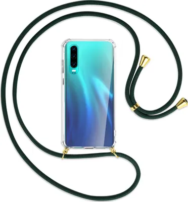 Produktbild von Handykette Backcover-Schutzhülle mit Band (Metall goldfarben) für Huawei P30 - dunkelgrün