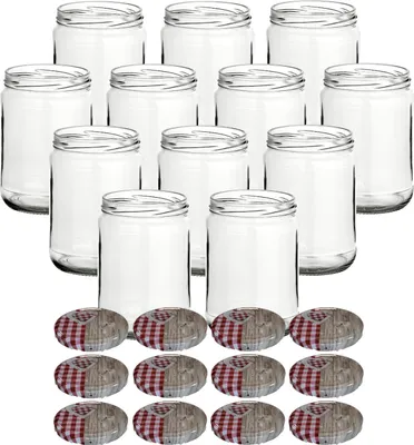 Produktbild von gouveo 12er Set Einmachgläser 580 ml Klassik mit Schraubdeckel Herz-rot - Große Vorratsgläser mit Drehverschluss TO82 für Selbstgemachtes