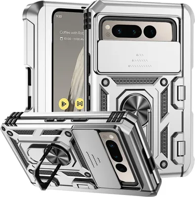 Produktbild von Google Pixel Fold Hülle mit Schiebe Kamera Schutz und Ringhalter Ständer Schutzhülle für Google Pixel Fold Silber