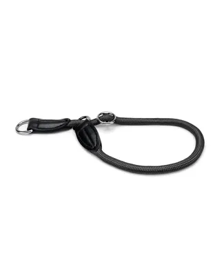 A black dog collar with a metal ring and leather accents is displayed against a white background.