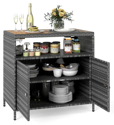 Produktbild von KOMFOTTEU Gartenschrank Rattan, Aufbewahrungsschrank Geräteschrank mit breiter Akazienholzoberfläche, Küchenschrank für Küche, Garten Terrasse und Patio, 90 x 53 x 86 cm (Grau)