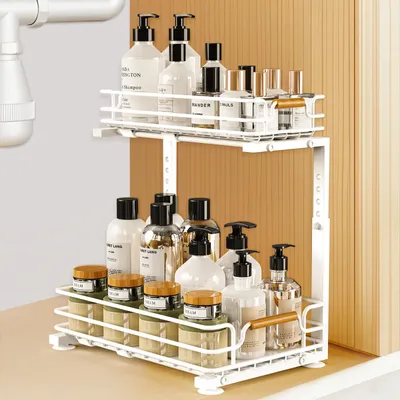 Image de Organisateur de placard, 2 niveaux, blanc, en métal, pour la cuisine