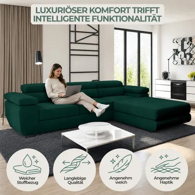 Produktbild von GOLDSTOFF VENUS TWIN Eckcouch mit Schlaffunktion | Ecksofa L-form mit Staufach und mit verstellbaren Kopfstützen (Dunkelgrün)