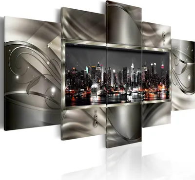 Produktbild von Modernes Wandbild c-A-0069-b-n (150x75) - 5 Teilig Bilder Fotografie auf Vlies Leinwand Foto Bild Dekoration Wand Bilder Kunstdruck ABSTRAKT NEW YORK NYC STADT NACHT PANORAMA