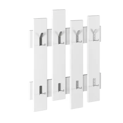 A white coat rack with multiple hooks on a white background.