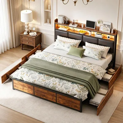 Image de Lit en métal INONEFT 140x200 avec espace de rangement, lit pour adolescents ou lit double avec LED et 4 tiroirs, lit multifonctionnel avec espace de rangement et étagère à la tête, en PU