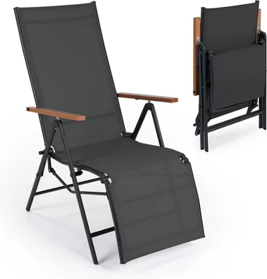 Image de COSTWAY - 1 transat pliable, chaise longue avec dossier réglable, transat de jardin résistant aux intempéries, transat pliable jusqu'à 150 kg, chaise longue relax noire