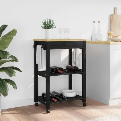Produktbild von Küchentrolley Monza in Schwarz aus massivem Kiefernholz, 60 x 40 x 88,5 cm, mit Regal und Schublade, rollbarer Servierwagen mit 4 drehbaren Rollen, Teewagen für die Küchenorganisation