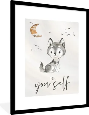Produktbild von MuchoWow® Gerahmtes Poster Sprichwörter - Wolf - Sei du selbst - Kinder - Jungen - Mädchen - Aquarell 60x80 cm - Poster mit Schwarzem Bilderrahmen Wandposter Rahmen Foto Bilder - Wohnzimmer - Dekorationen - Prämie