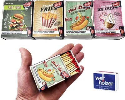 Produktbild von jameitop®  400 Stück Zünder = 4 Pack Retro USA Vintage Werbung Streichholzschachteln 5,5 cm Deko Design Zündhölzer + 1 Pack Welthölzer