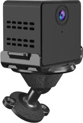 A small black cube-shaped camera with a lens on the front and ventilation on the side, mounted on a black adjustable stand.