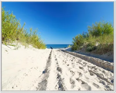 Produktbild von Wallario Wandbild Auf dem Sandweg zum Strand - Blauer Himmel über dem Meer, Größe: 40,30 x 50,30 cm, Poster mit weißem Aluminiumrahmen