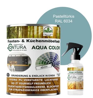 Produktbild von 750ml. + Anlauger - Contura Küchenmöbellack RAL Möbellack SEIDENMATT SET Möbelfarbe Holzlack Buntlack Küchenlack - RAL 6034 Pastelltürkis