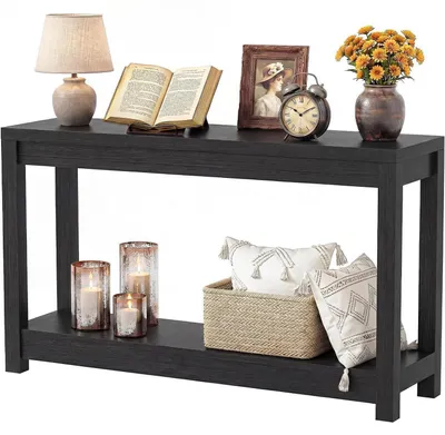 Image de Table console de 120 cm de largeur, table d'entrée étroite, table d'appoint, table de couloir, noire, dimensions : 120 x 35 x 80 cm