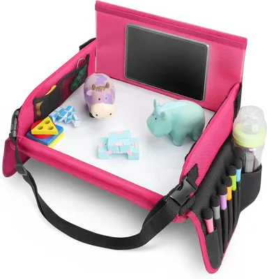 Productafbeelding van Play travel tray - Travel play table 6 pennen - Play activity tray voor auto - Kinderwagen - Vliegtuig - Roze