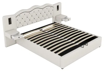 Produktbild von 180 x 200 cm Flachbett,Polsterbett,integriertes Kopfteil,hydraulischer Hebemechanismus,USB-Anschluss,zwei Nachttischlampen,großer Stauraum