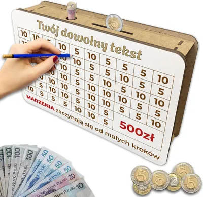 Zdjęcie produktu dla Skarbonka wykreślana wyzwanie oszczędzanie twój dowolny tekst Cel 500 zł
